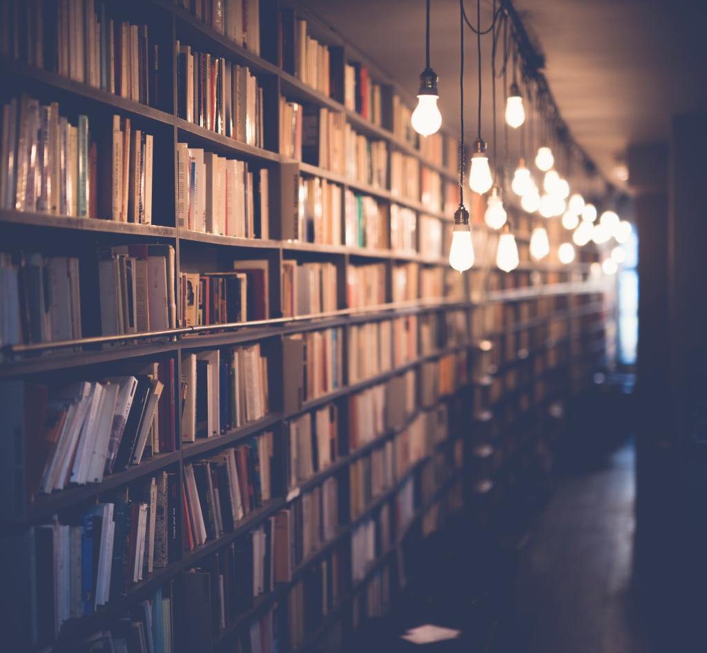 a bookshelf in a library with hanging light bulbs